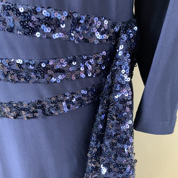 R&M Richards Size 16 Sequin Ruffle Maxi Dress Navy Blue Long Evening Stretch - Picture 6 of 9